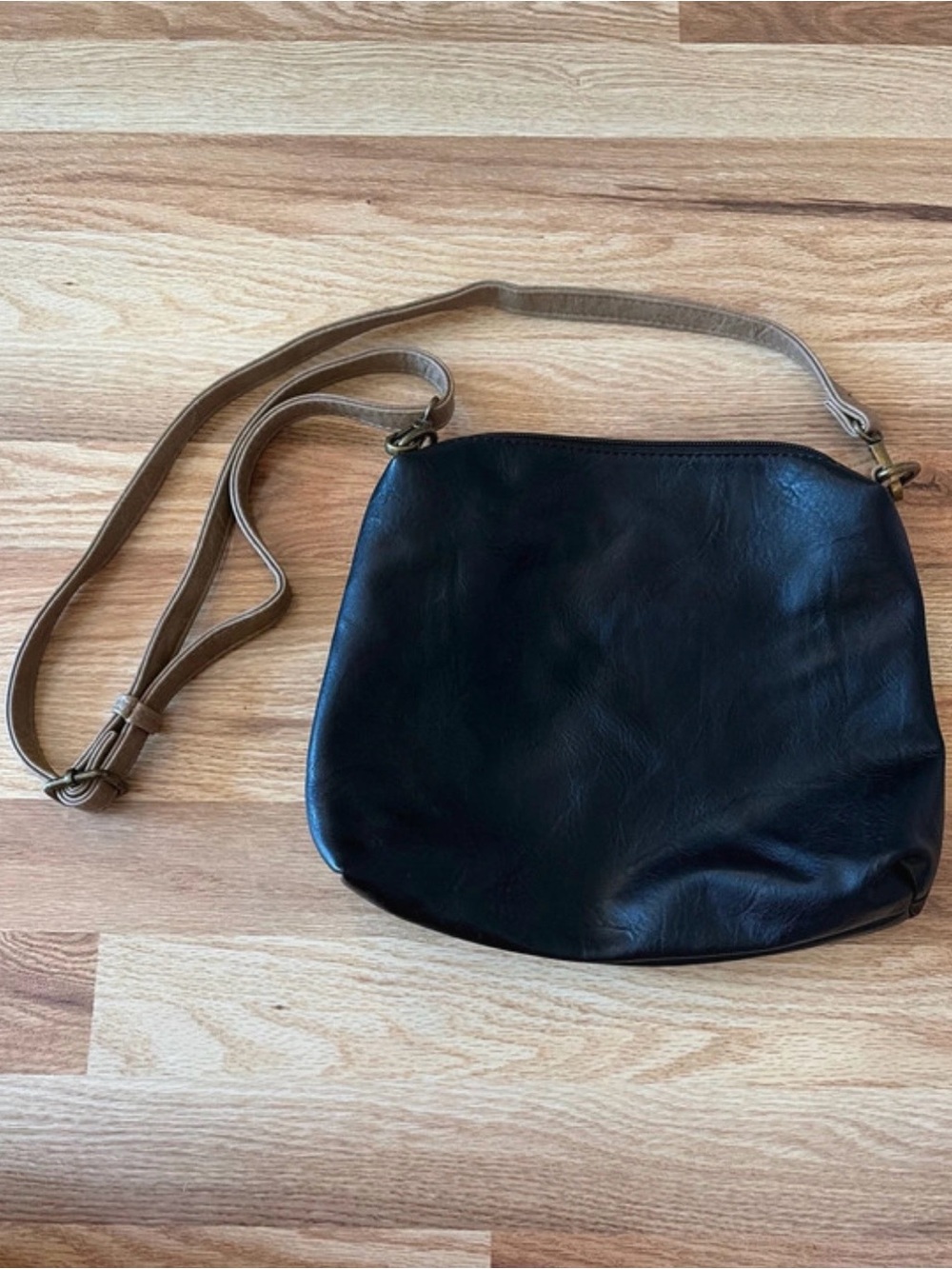 Liz Soto Classic Black Leather Crossbody Bag with Tan Strap